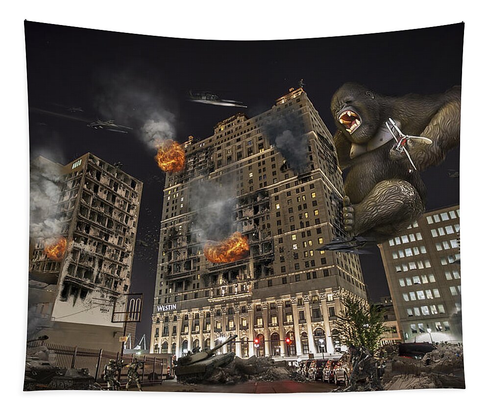 King Kong Tapestry featuring the photograph King Kong in Detroit Westin Hotel by Nicholas Grunas