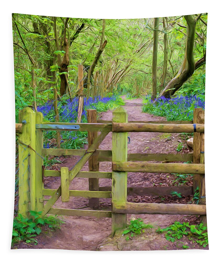 Bluebell Tapestry featuring the mixed media Kissing Gate Painting. by Roy Pedersen