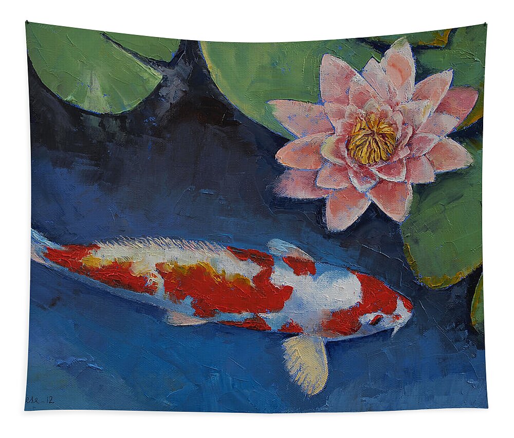 Water Lily Tapestry featuring the painting Koi and Water Lily by Michael Creese