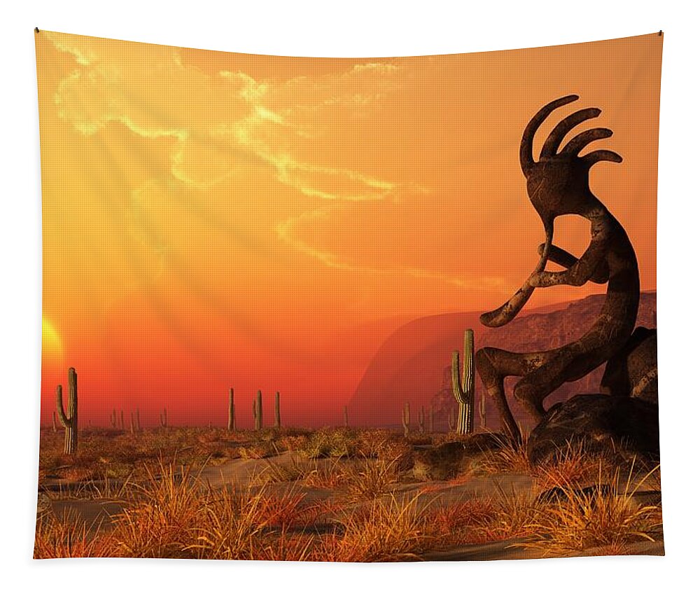 Kokopelli Sunset Tapestry featuring the digital art Kokopelli Sunset by Daniel Eskridge