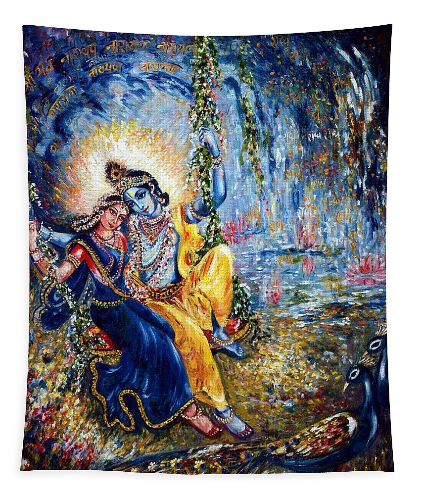 Krishna Tapestry featuring the painting Krishna leela by Harsh Malik
