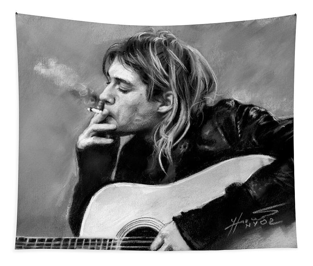 Kurt Cobain Tapestry featuring the drawing Kurt Cobain guitar by Viola El