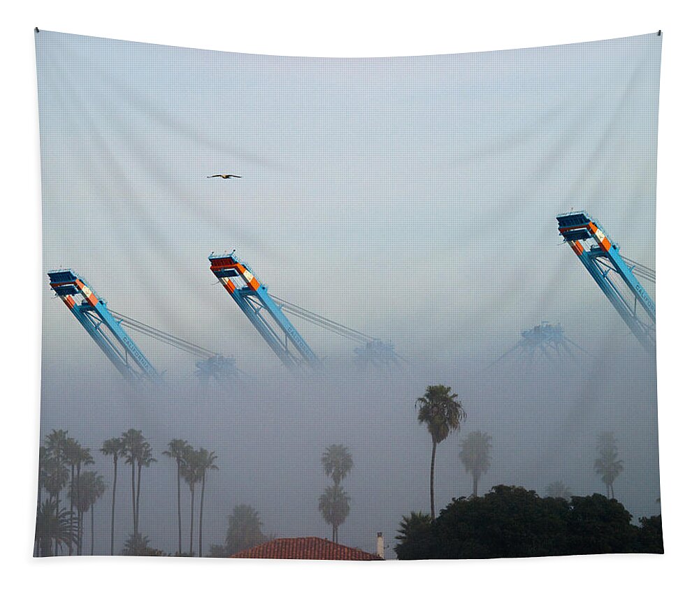 Fog Tapestry featuring the photograph L. A. Harbor Never Sleeps by Joe Schofield