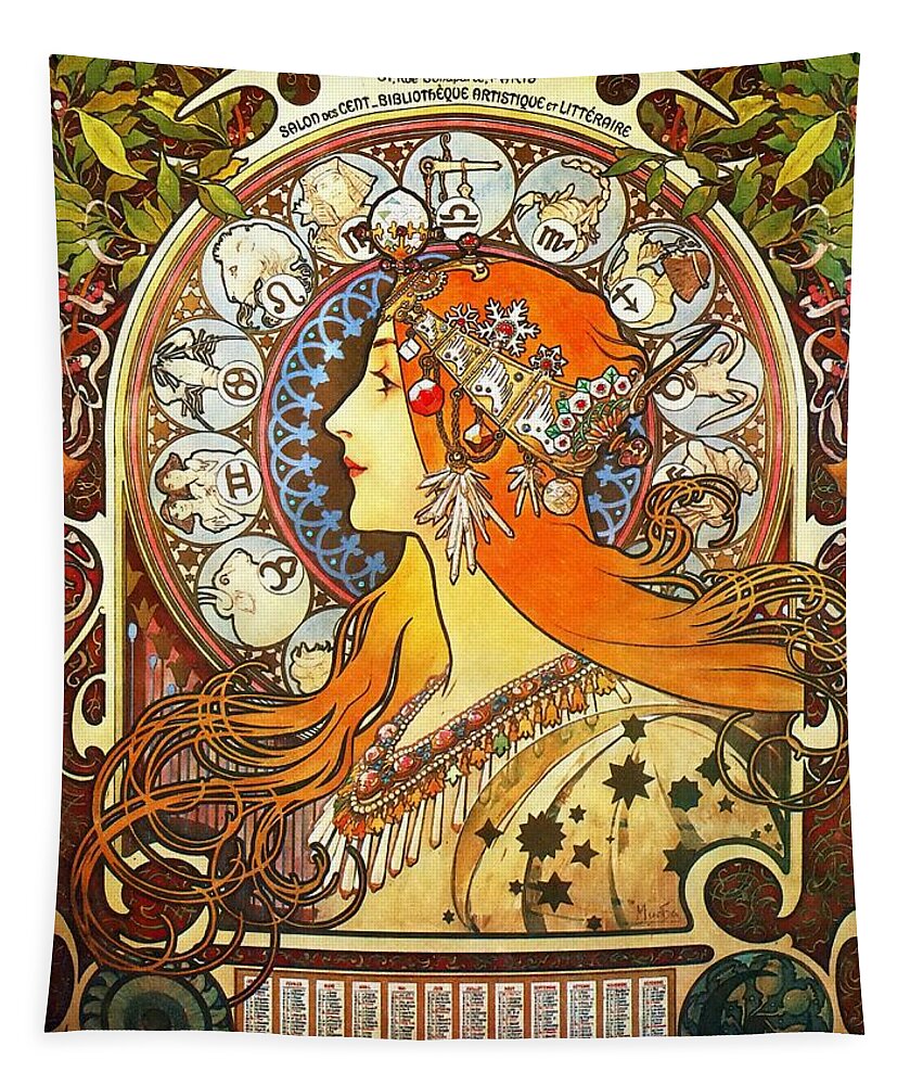 Alphonse Mucha Tapestry featuring the painting La Plume Zodiac by Alphonse Mucha