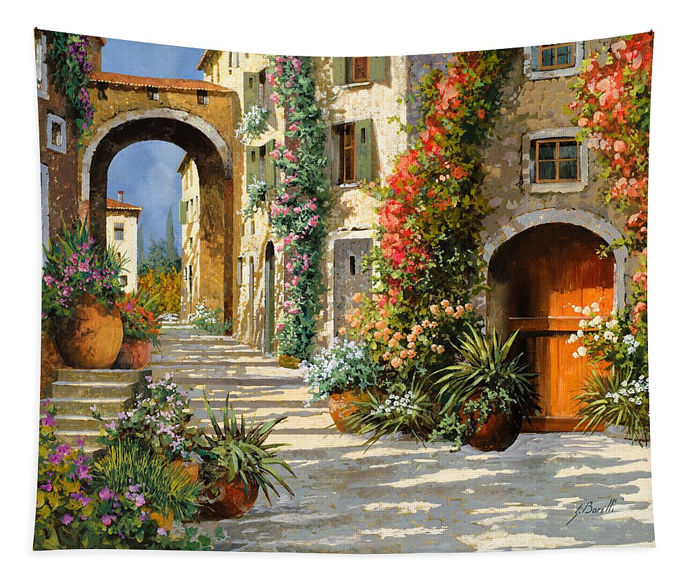 Landscape Tapestry featuring the painting La Porta Rossa Sulla Salita by Guido Borelli