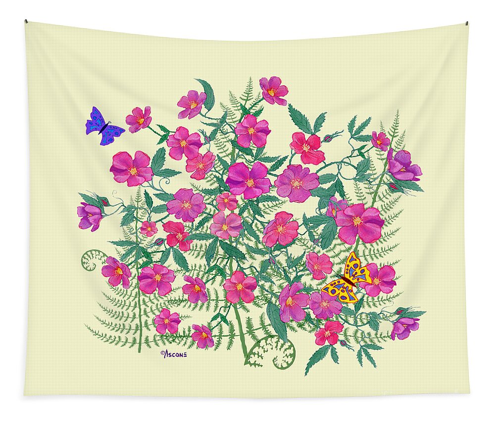 Wild Roses Tapestry featuring the painting La Vie en Rose Duvet Cover on Yellow by Teresa Ascone
