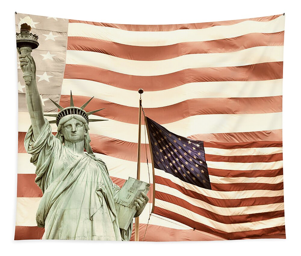 Abstract Tapestry featuring the photograph Lady Liberty and American flag by Jaroslav Frank