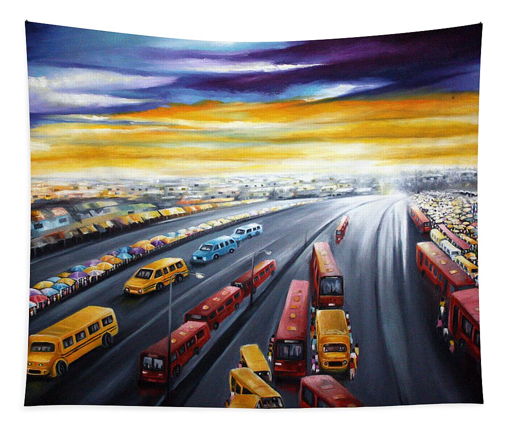 Yellow Tapestry featuring the painting Lagos Traffic by Olaoluwa Smith