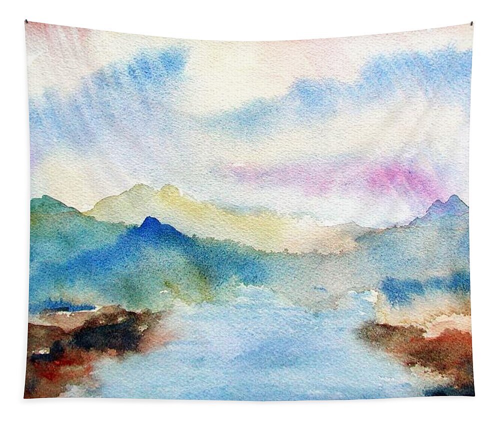 Lake Tapestry featuring the painting Lake Chuzenji Nikko by Anna Ruzsan