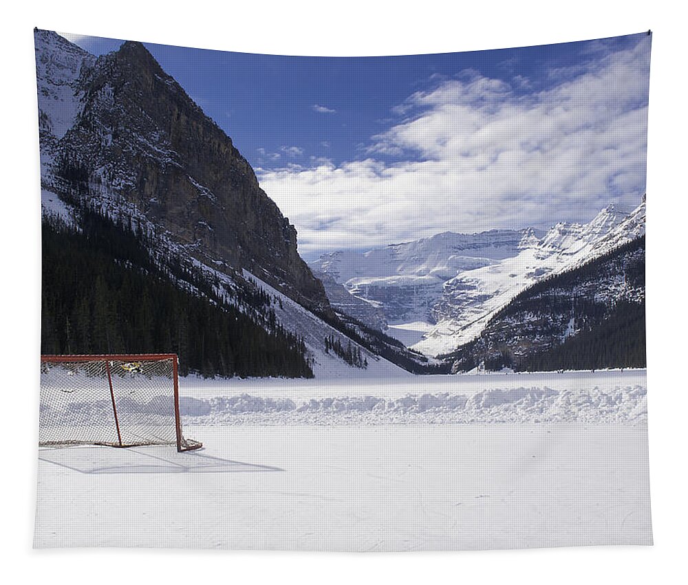 Alberta Tapestry featuring the photograph Lake Louise Hockey Net by Bill Cubitt
