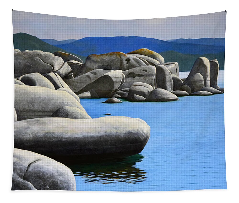 Lake Tahoe Rocky Cove Tapestry featuring the painting Lake Tahoe Rocky Cove by Frank Wilson