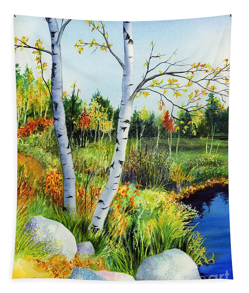 Birches Tapestry featuring the painting Lakeside Birches by Hailey E Herrera
