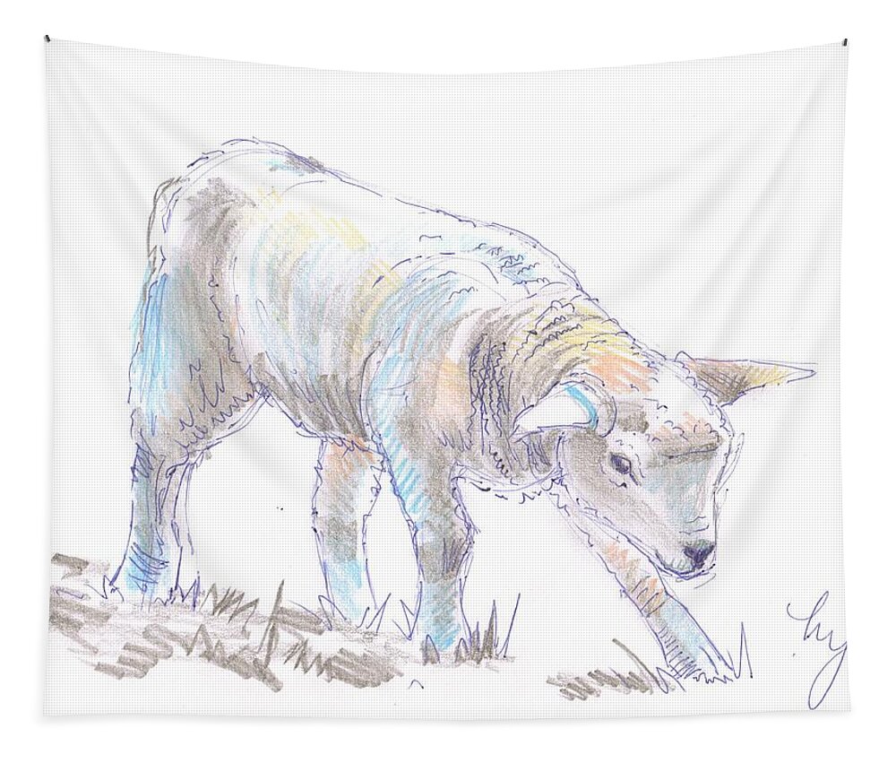 Lamb Tapestry featuring the drawing Lamb Sketch by Mike Jory