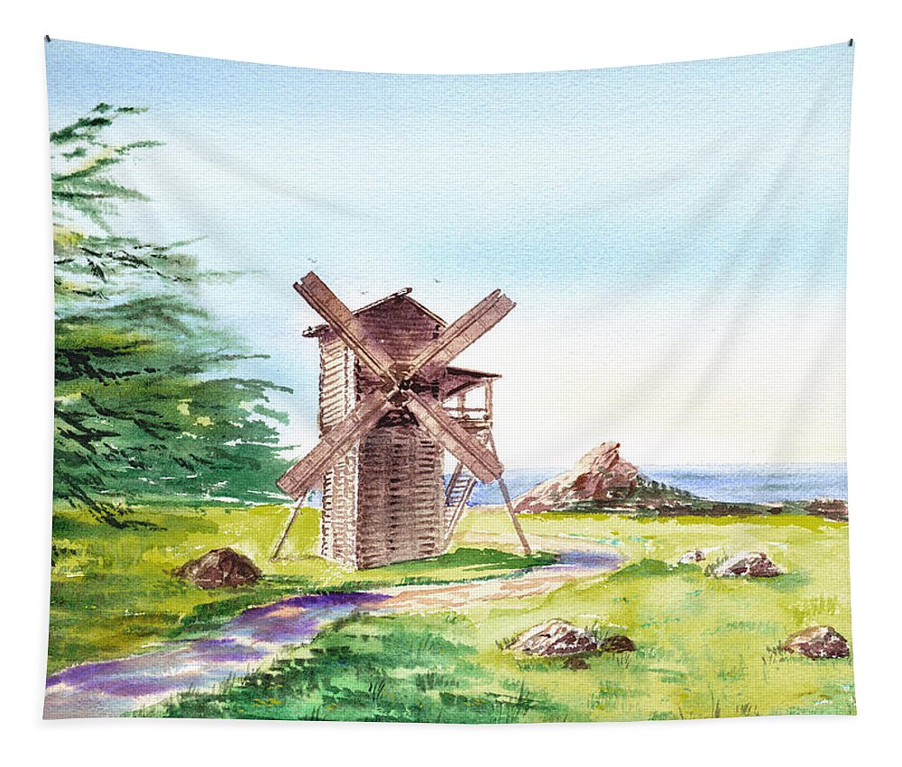 Landscape Tapestry featuring the painting Landscapes Of California Fort Ross Windmill by Irina Sztukowski