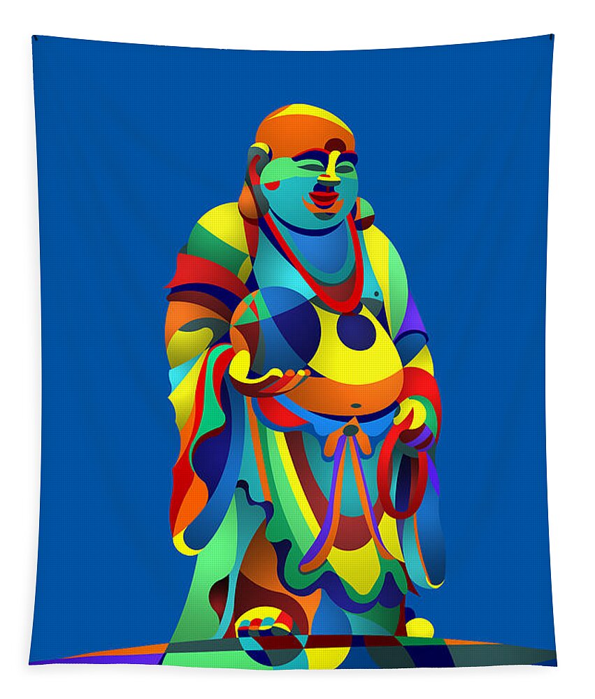 Laughing Buddha Tapestry featuring the digital art Laughing Buddha Blue by Randall J Henrie