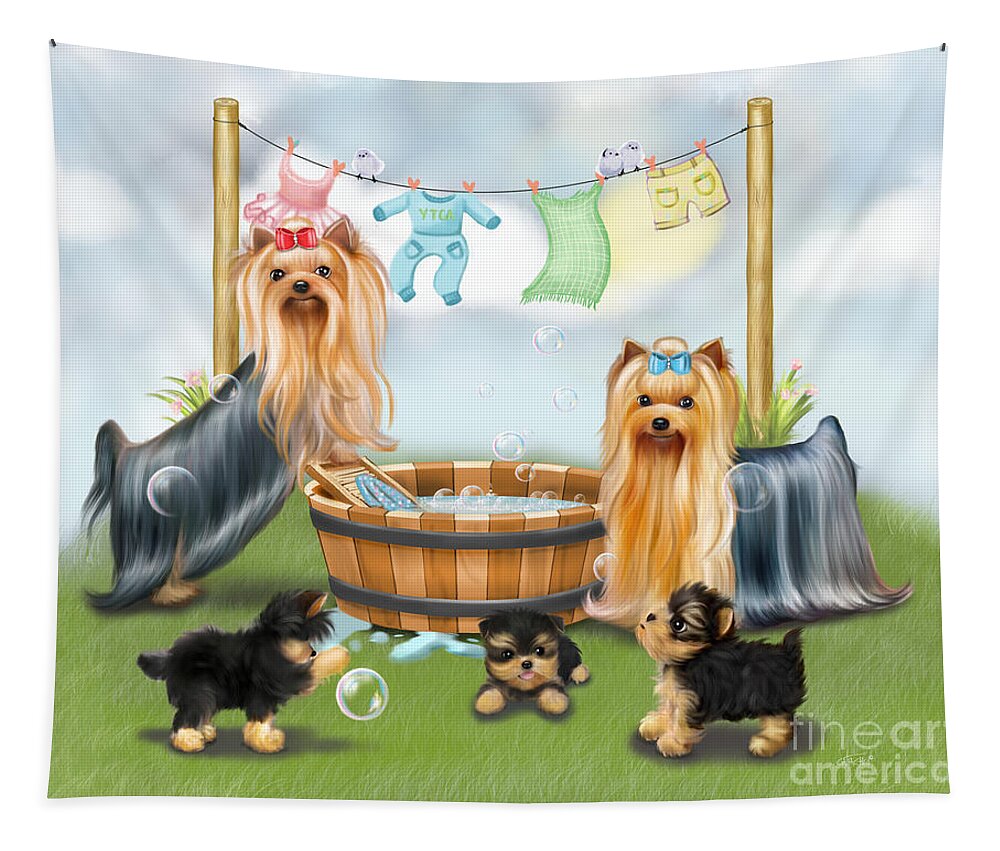 Yorkies Tapestry featuring the mixed media Laundry Day by Catia Lee
