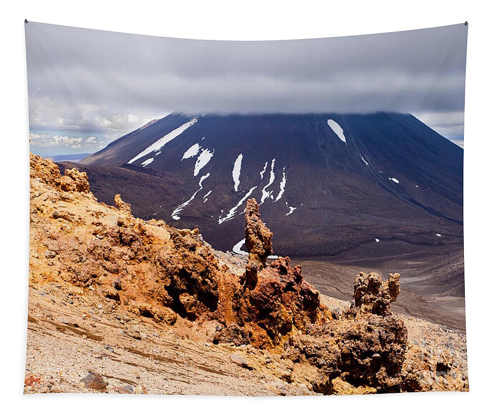 Mount Tapestry featuring the photograph Lava sculptures and volcanoe Mount Ngauruhoe NZ by Stephan Pietzko