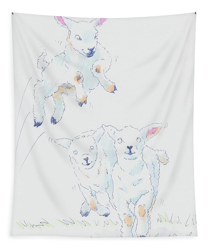 Lambs Tapestry featuring the drawing Leaping Lamb Cartoon by Mike Jory