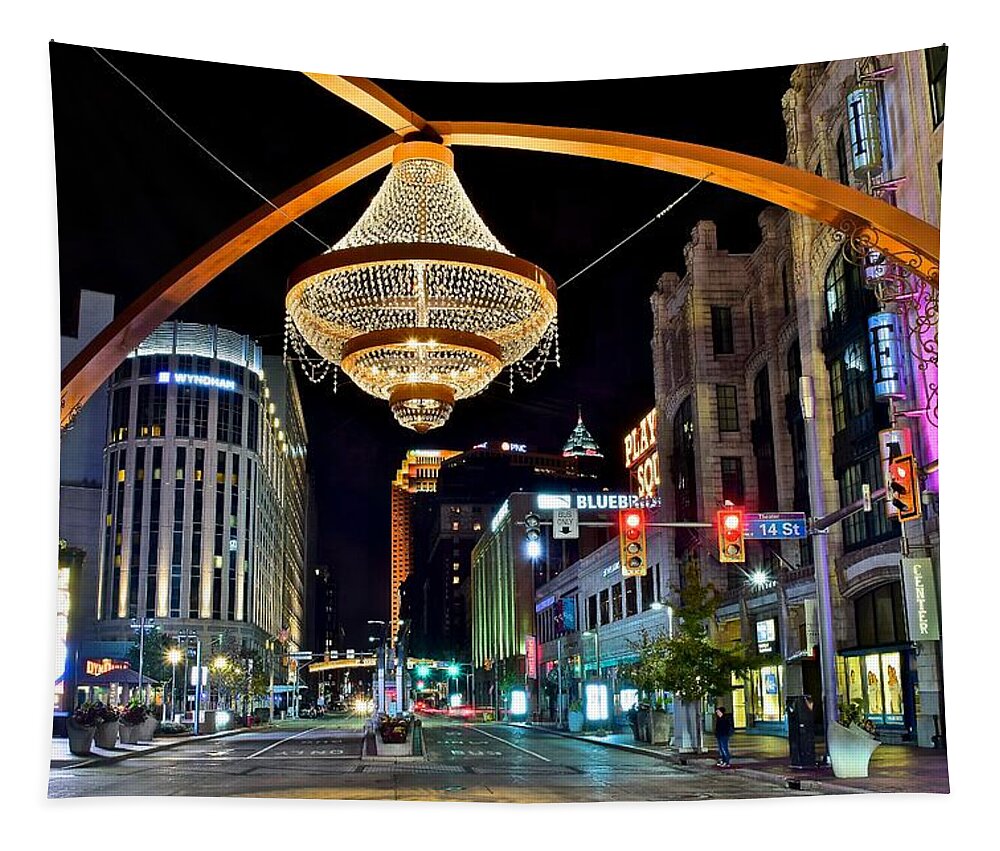 Cleveland Tapestry featuring the photograph Leaving Playhouse Square by Frozen in Time Fine Art Photography