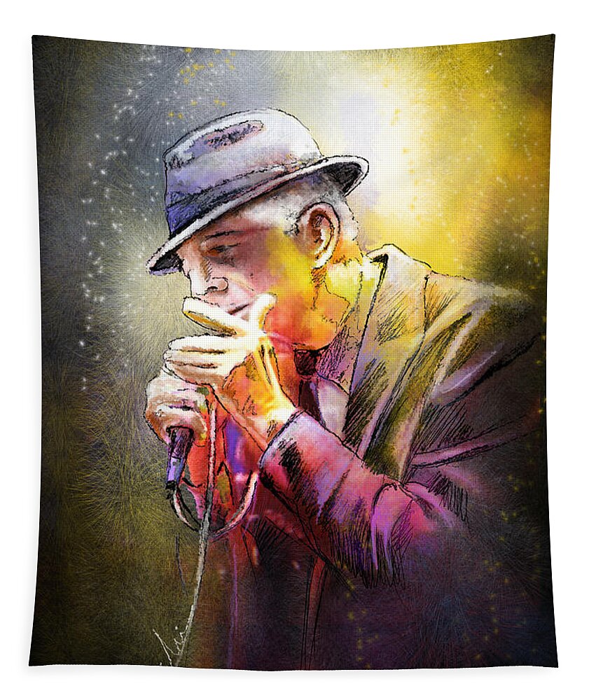 Leonard Cohen Tapestry featuring the painting Leonard Cohen 02 by Miki De Goodaboom