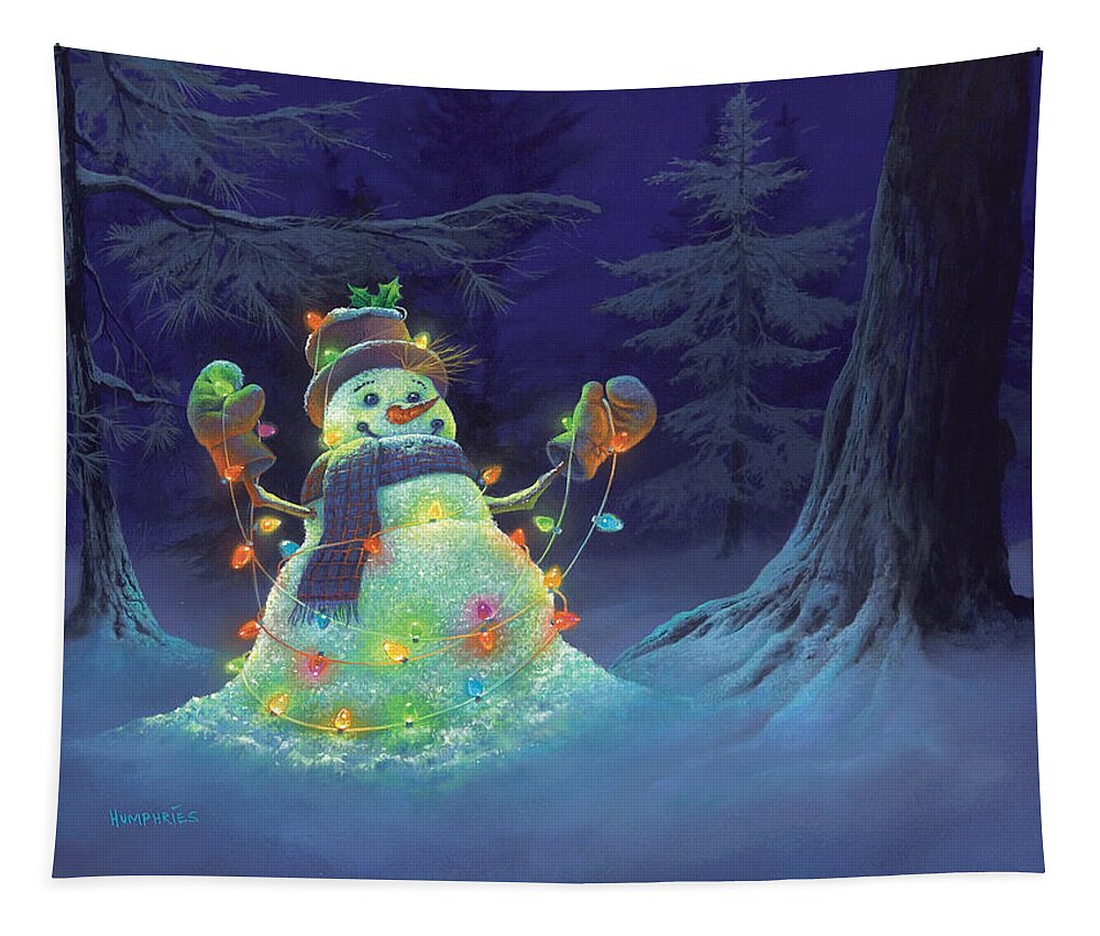 Michael Humphries Snowman Christmas Christmas Lights Winter Night Pillows Christmas Decor Notebooks Shower Curtain Blankets Tapestry featuring the painting Let it Glow by Michael Humphries