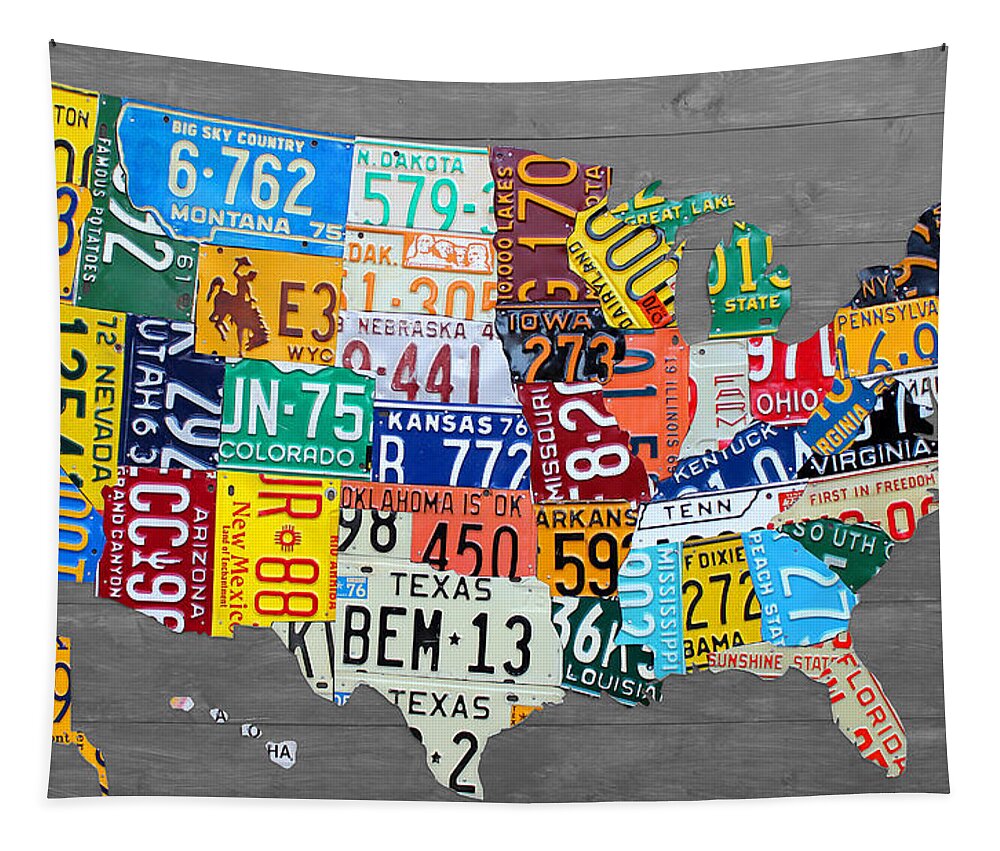 License Plate Map Tapestry featuring the mixed media License Plate Map of The United States on Gray Wood Boards by Design Turnpike