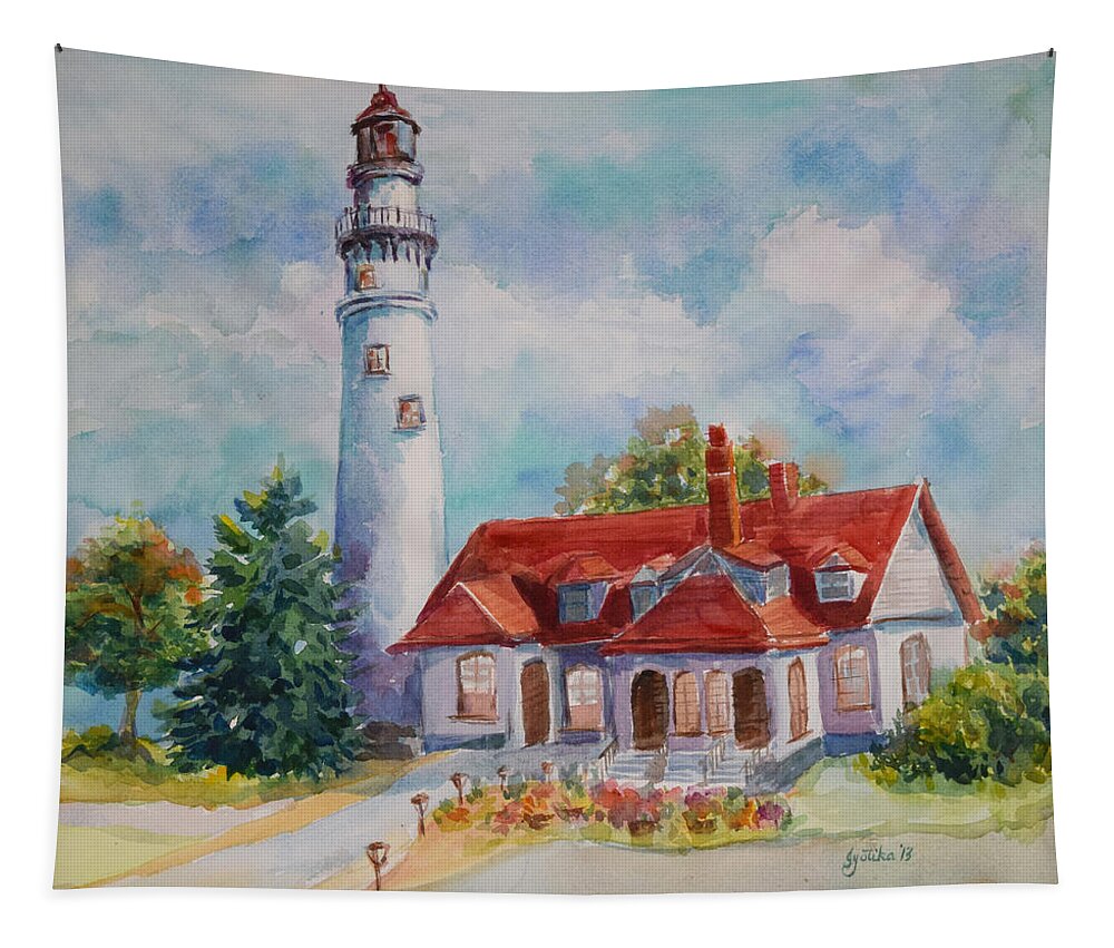  Tapestry featuring the painting Light House, Wisconsin by Jyotika Shroff