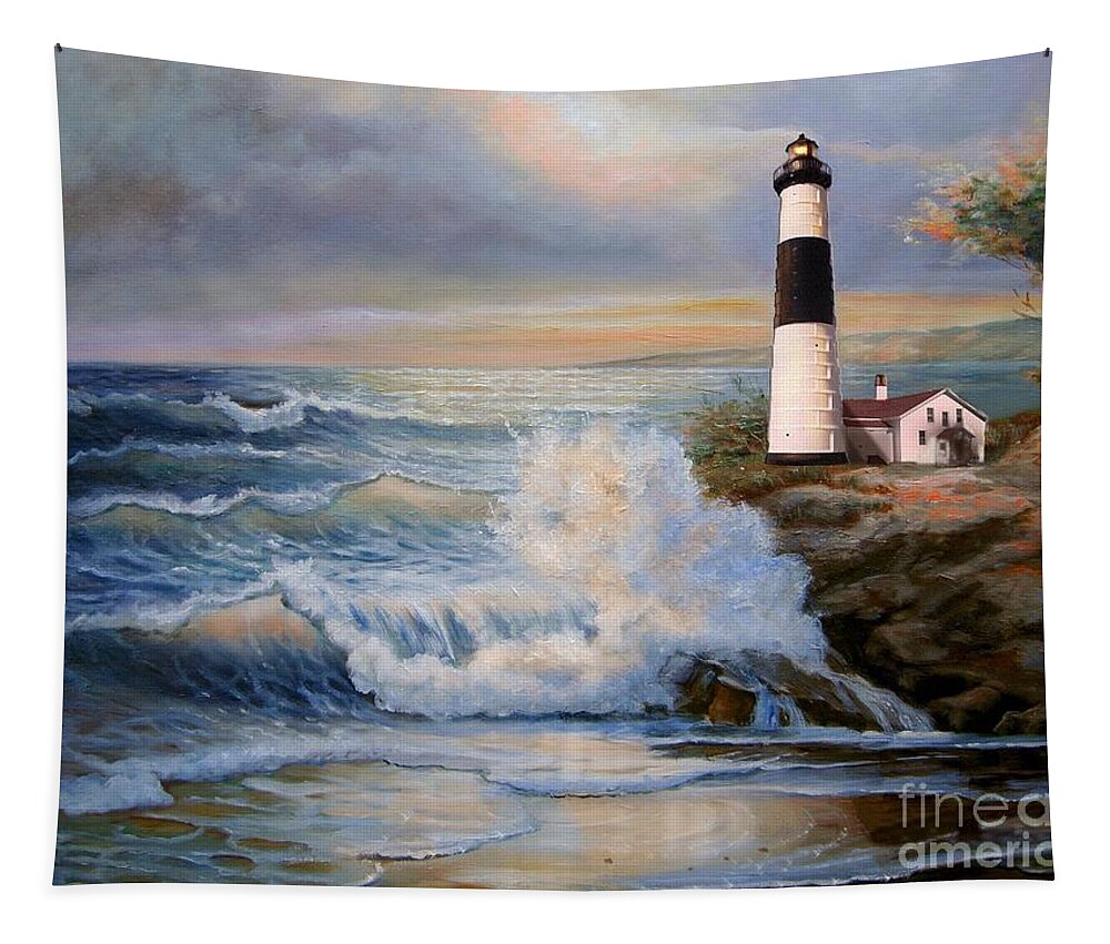  Big Sable Point Michigan Lighthouse Oil Painting Tapestry featuring the painting Big Sable Point Lighthouse with crashing waves by Regina Femrite