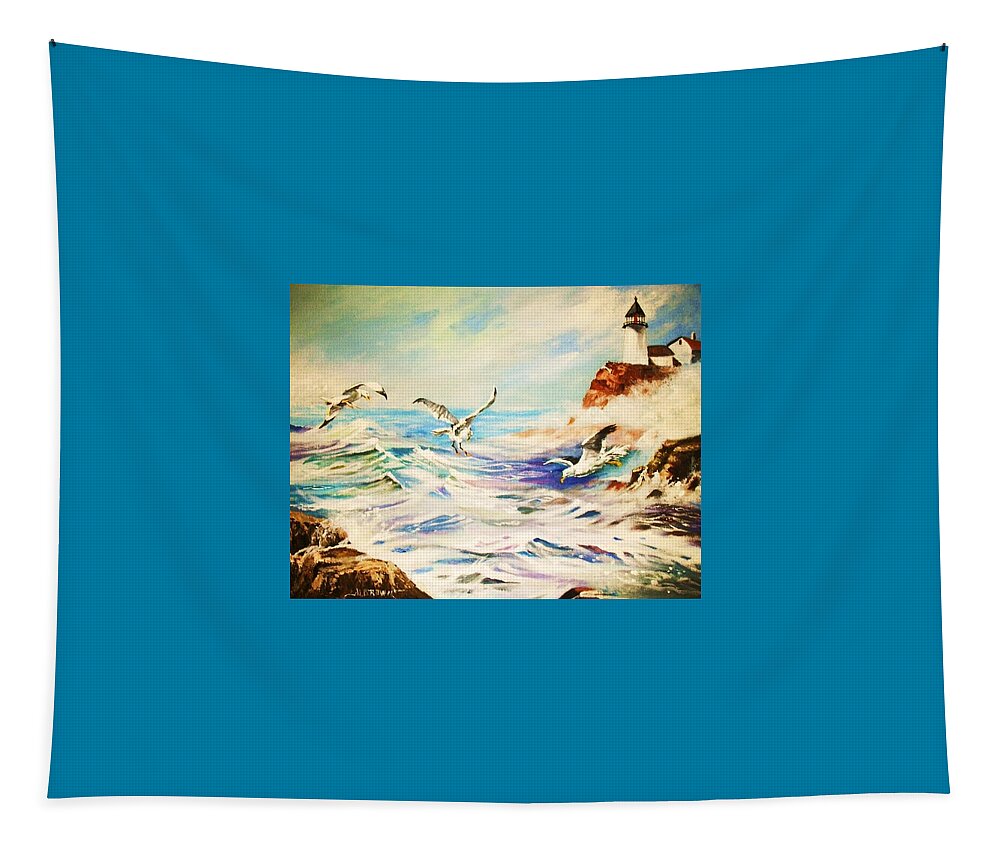 Lighthouse Tapestry featuring the painting Lighthouse Gulls and Waves by Al Brown