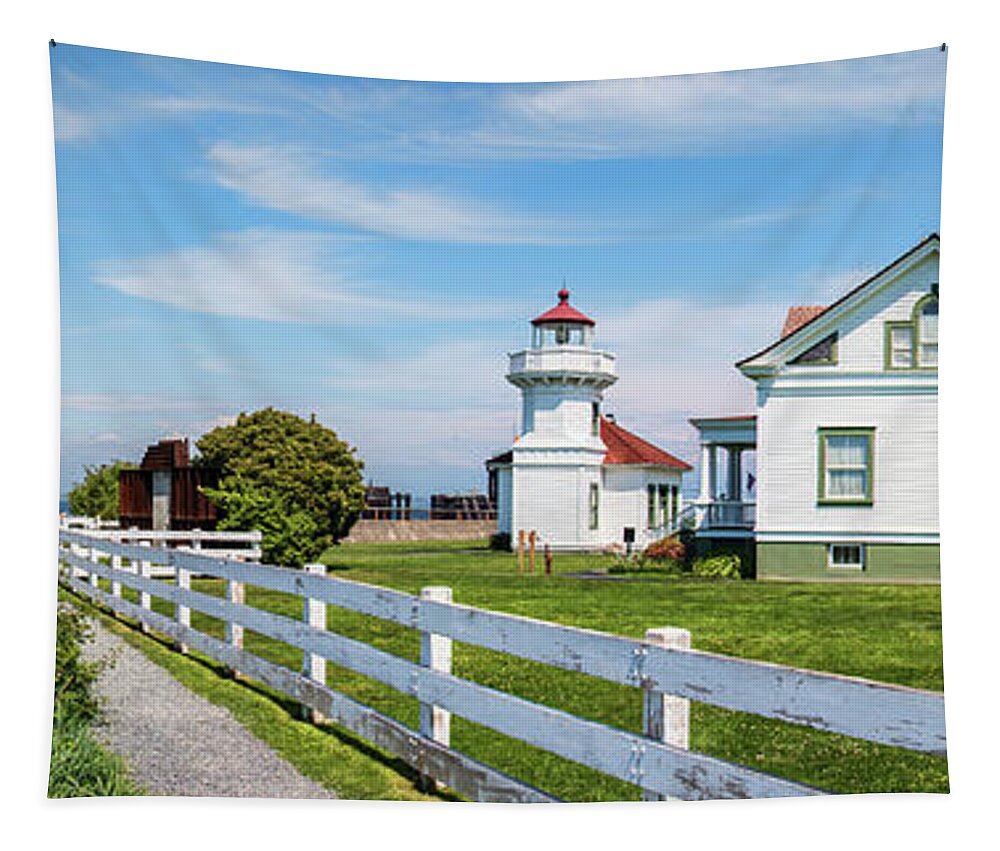 Photography Tapestry featuring the photograph Lighthouse With Ferry by Panoramic Images