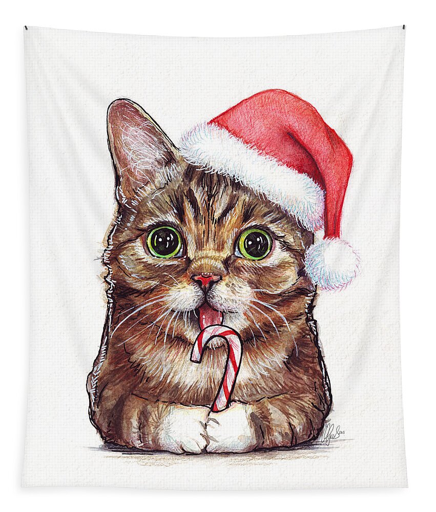 Lil Bub Tapestry featuring the painting Cat Santa Christmas Animal by Olga Shvartsur