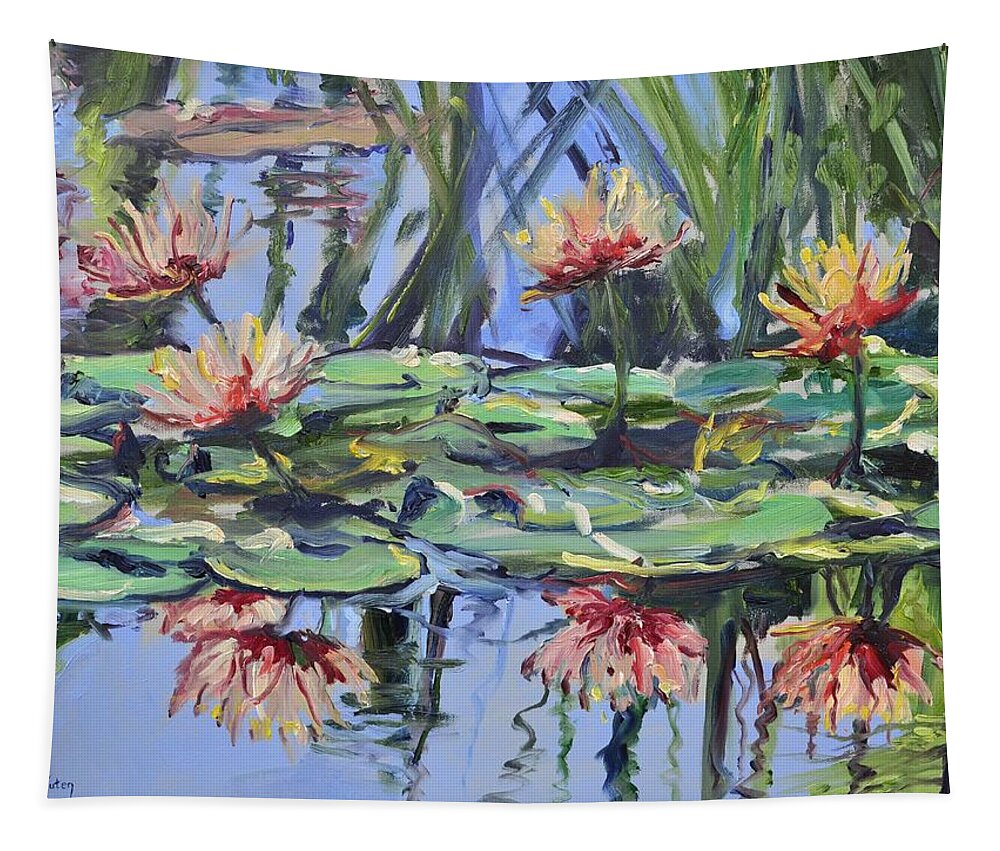 Lily Tapestry featuring the painting Lily Pond Reflections by Donna Tuten