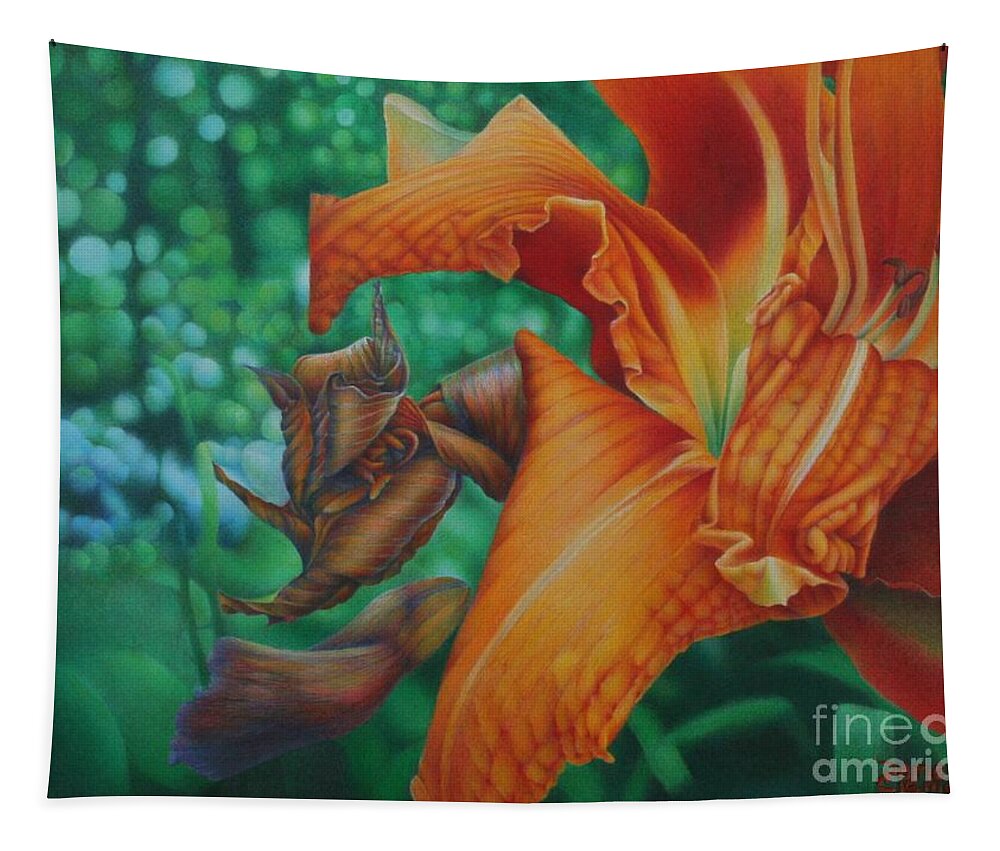 Orange Tapestry featuring the drawing Lily's Evening by Pamela Clements