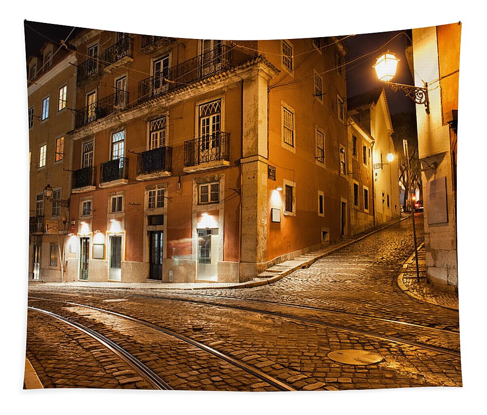 Lisbon Tapestry featuring the photograph Lisbon Streets at Night in Portugal by Artur Bogacki