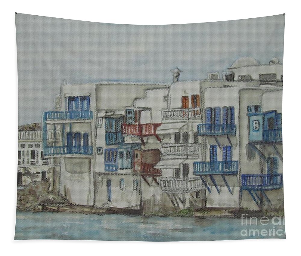 Watercolour Paintings Tapestry featuring the painting Little Venice Mykonos Greece by Malinda Prud'homme