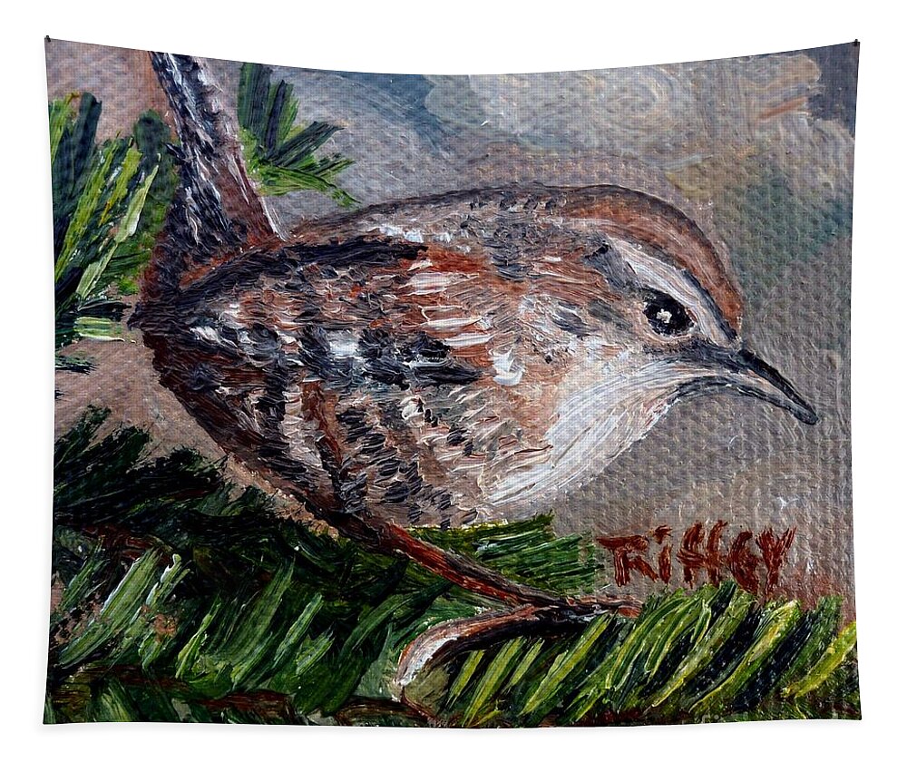 Wren Tapestry featuring the painting Little Wren in the Pines by Julie Brugh Riffey