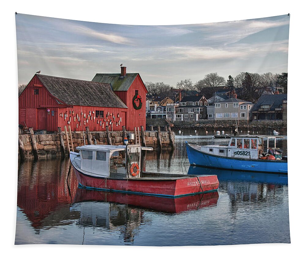 Motif Number One Rockport Lobster Shack By Jeff Folger Tapestry featuring the photograph Lobster boats at Motif 1 by Jeff Folger