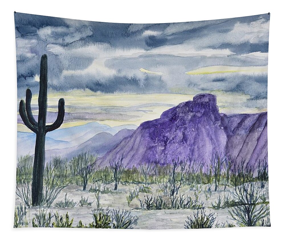 Linda Brody Tapestry featuring the painting Lone Saguaro by Linda Brody