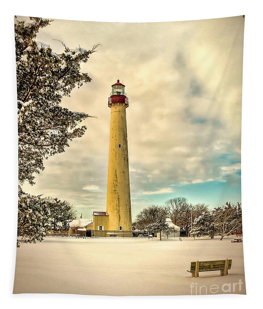 Cape Tapestry featuring the photograph Lonely Bench at Cape May Light by Nick Zelinsky Jr