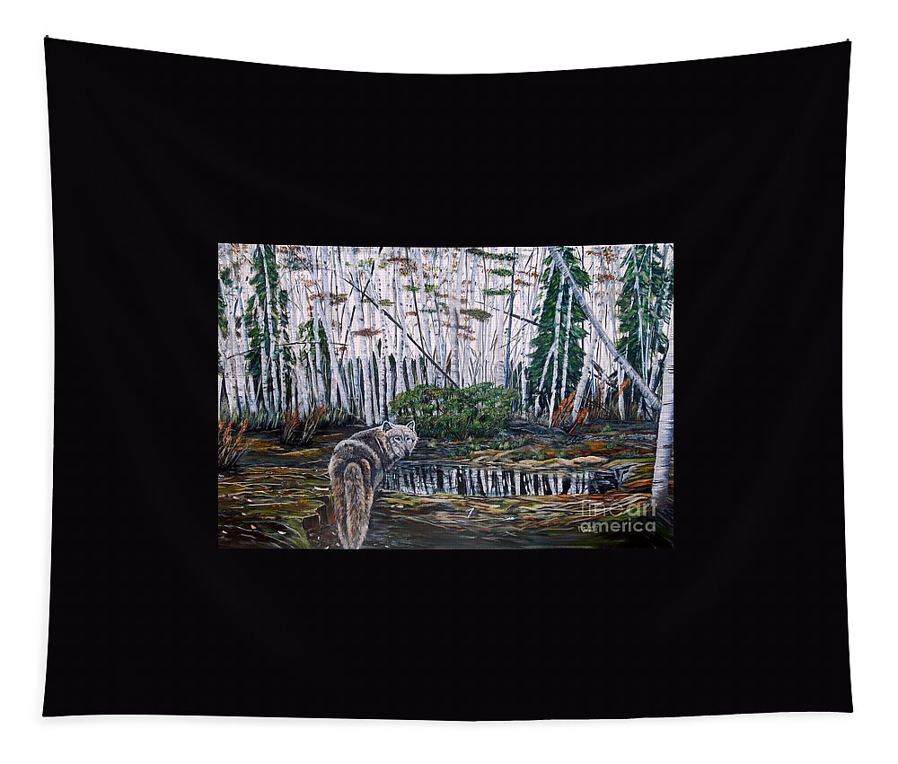 Wolf Tapestry featuring the painting Looking back by Marilyn McNish