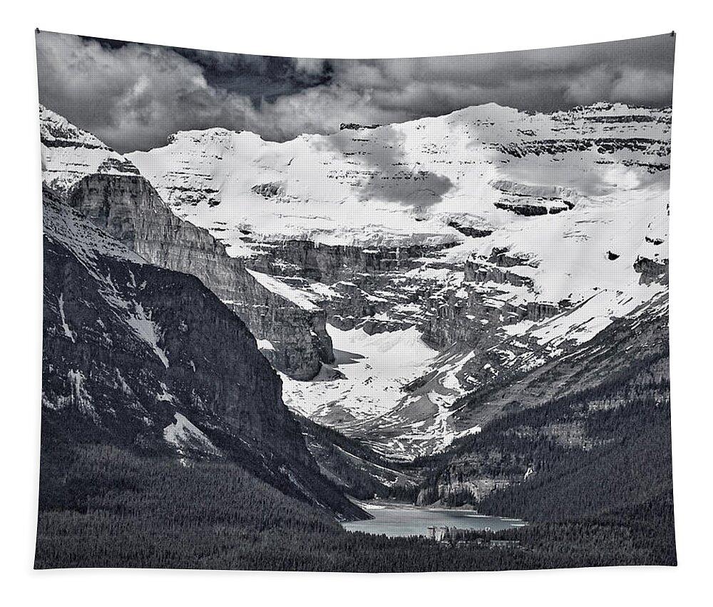 Lake Louise Tapestry featuring the photograph Looking Down at Lake Louise - Black and White #2 by Stuart Litoff