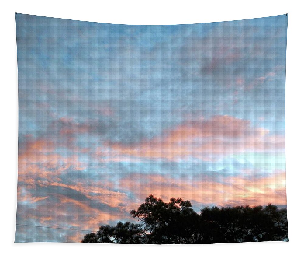 Not! Fluffy Pink And White Morning Clouds Against Blue Sky In The Early Morning Down In Sunny Tapestry featuring the photograph Looks Like and Oil Painted Sky by Belinda Lee