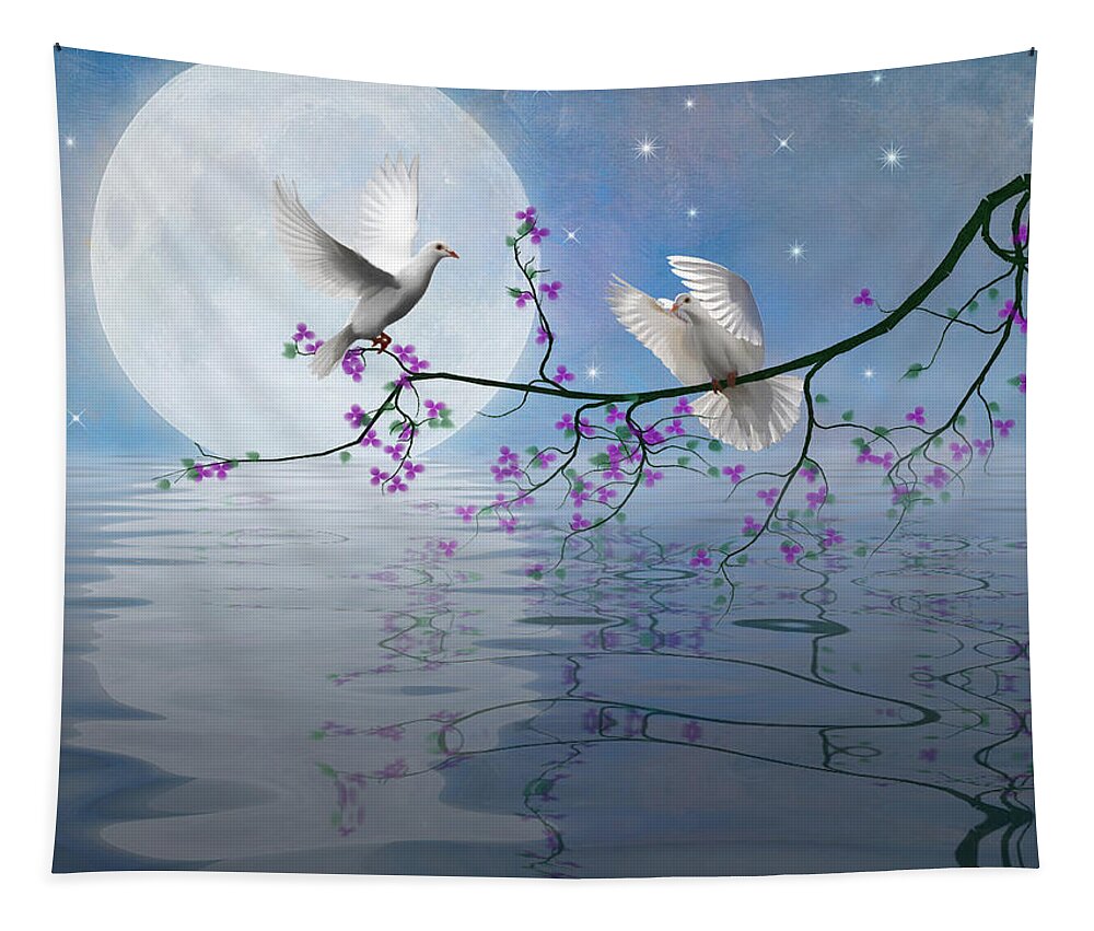 Animals Tapestry featuring the digital art Love Birds by the Light of the Moon-2 by Nina Bradica