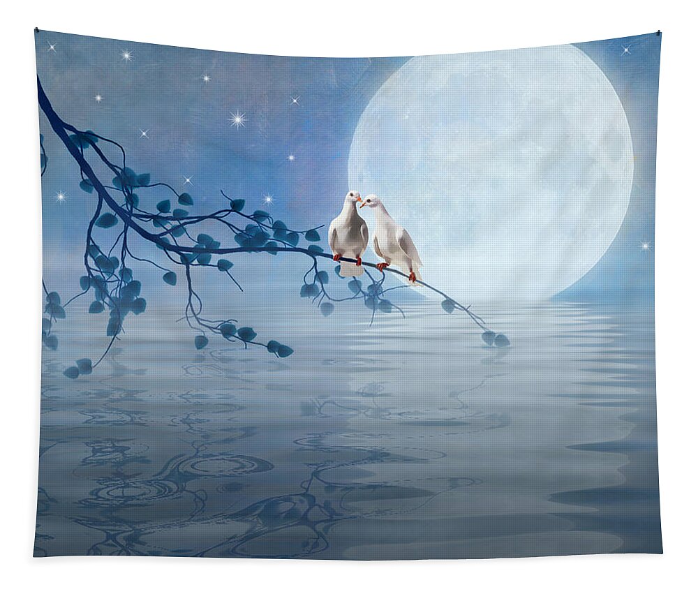 Animals Tapestry featuring the digital art Love Birds by the Light of the Moon by Nina Bradica