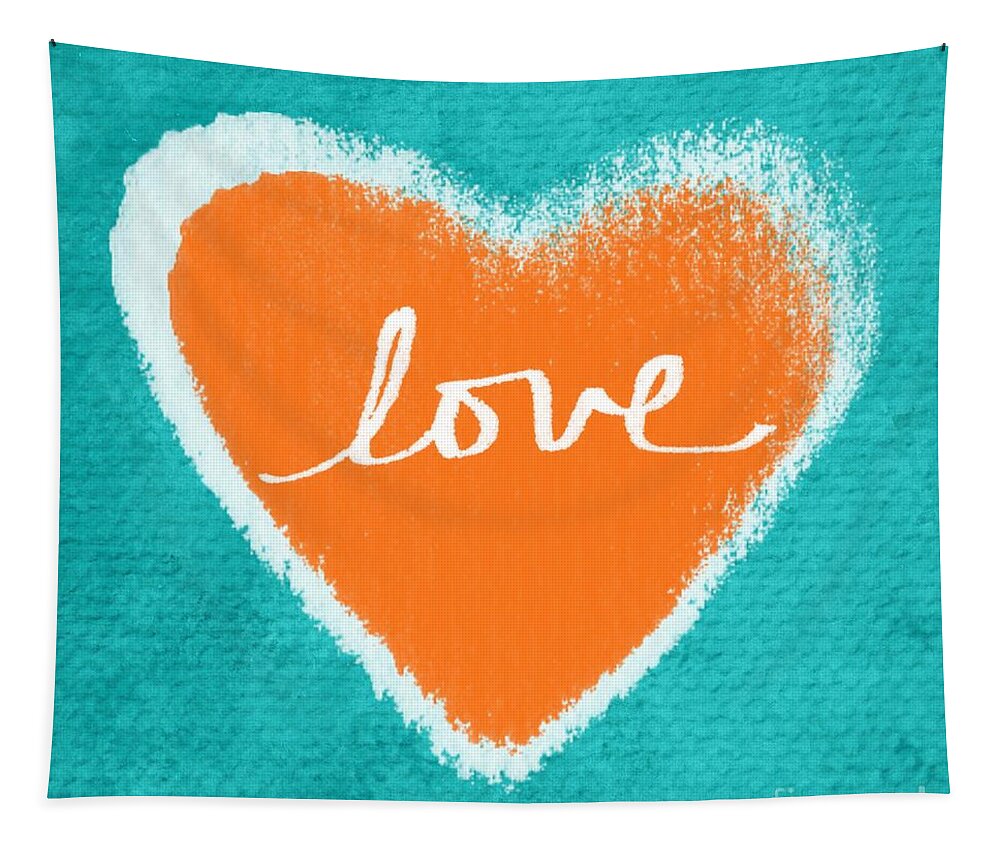 Heart Love Blue Aqua Orange White Painting teen Room Valentine Romance Sweet Teenager Art For Dorm Orange Blue White Sister Mother Husband Wife Art For School Art For Home Wedding Gift Baby Shower Gift Anniversary Gift Tapestry featuring the mixed media Love by Linda Woods