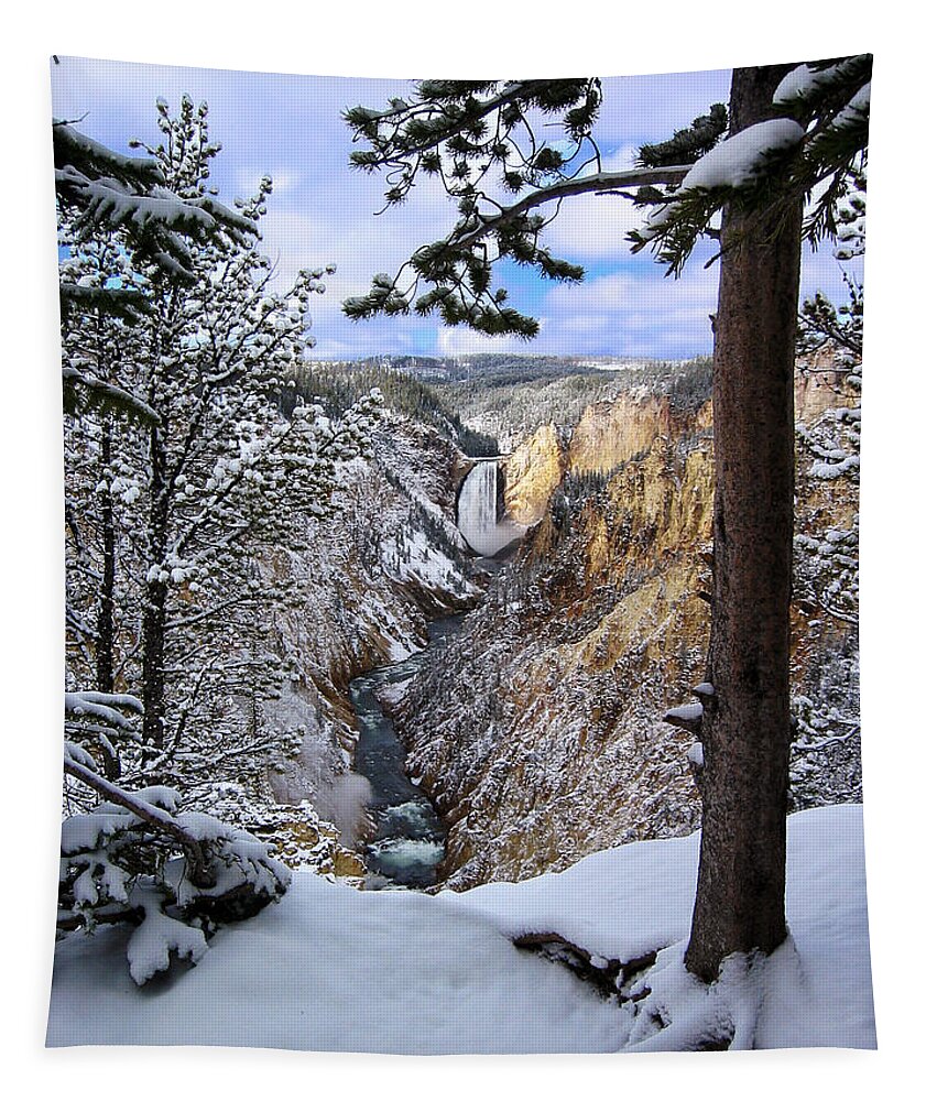 Waterfall Tapestry featuring the photograph Lower Yellowstone Falls in October by Robert Woodward