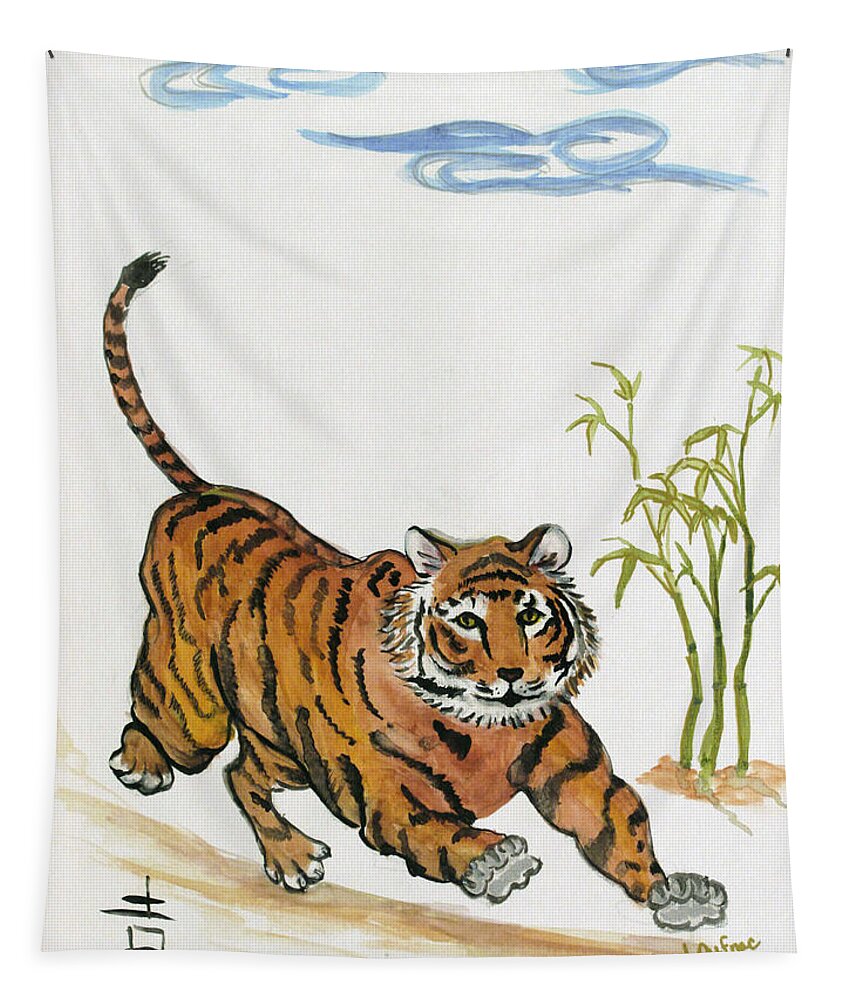 Tiger Tapestry featuring the painting Lucky Tiger by Carol Oufnac Mahan