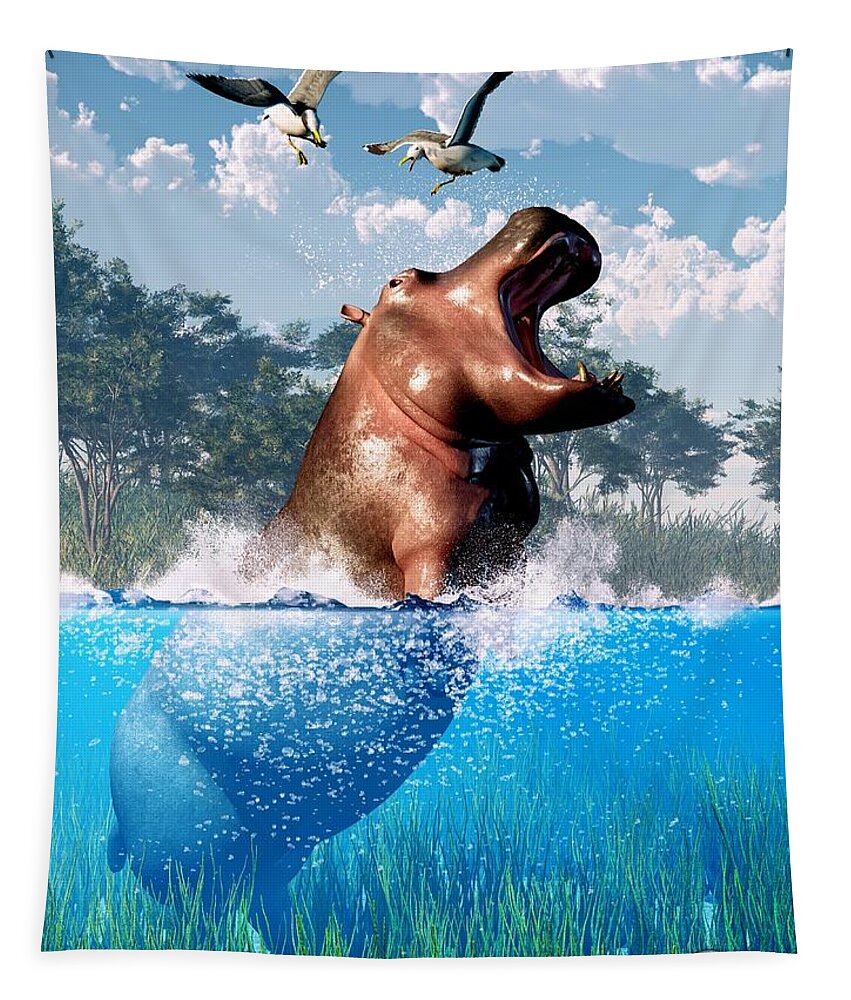 Hippo Tapestry featuring the digital art Lunging Hippo by Daniel Eskridge