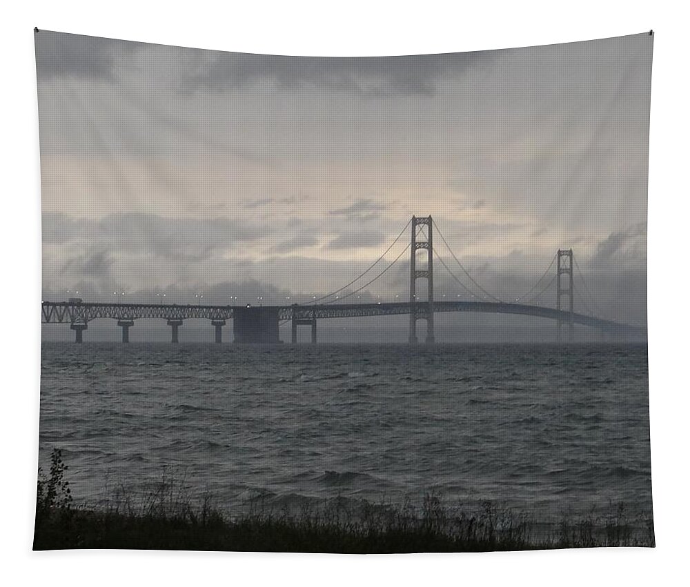 Michigan Tapestry featuring the photograph Mackinac Bridge in the Rain by Keith Stokes