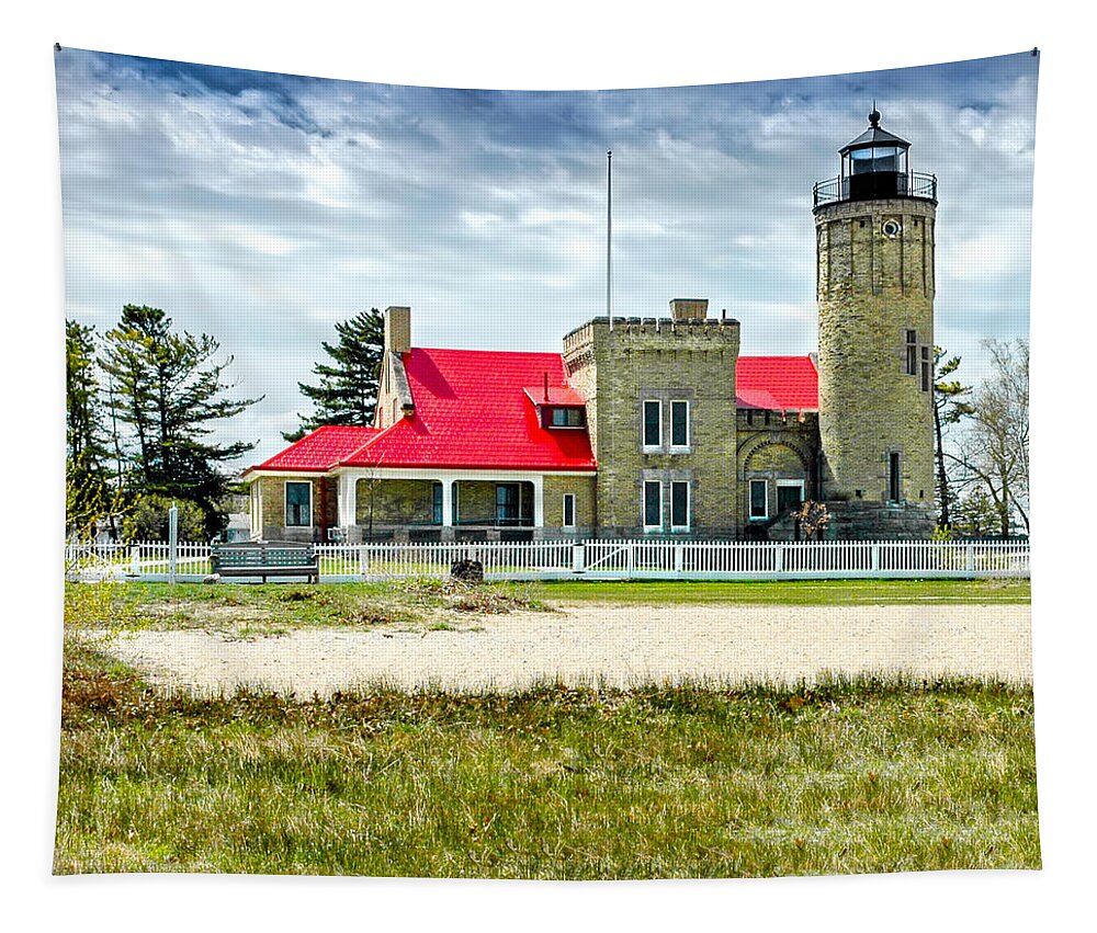 Mackinac Point Lighthouse Michigan Tapestry featuring the photograph Mackinac Point Lighthouse Michigan by LeeAnn McLaneGoetz McLaneGoetzStudioLLCcom